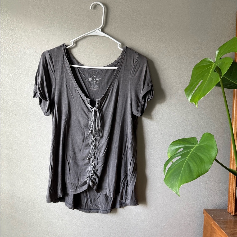American Eagle Outfitters Charcoal Lace-Up Top